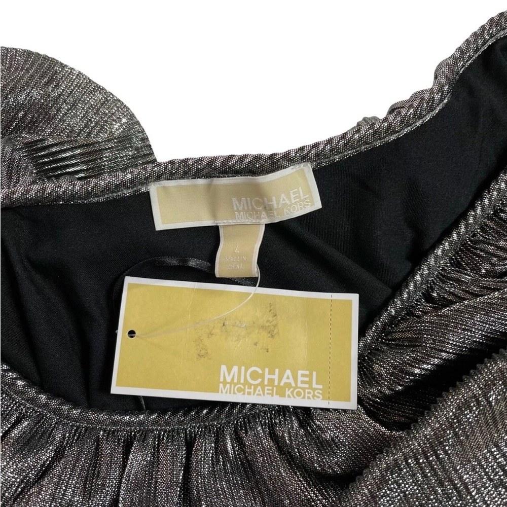 MICHAEL KORS Dress Women's Sz L Silver Metallic Plisse Tiered Off-shoulder A40